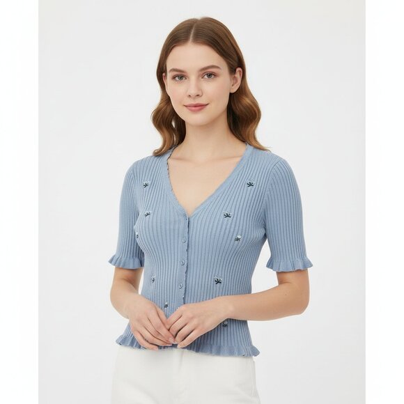 Only Light Blue Ribbed Cardigan Floral Embroidery Ruffle Trim- Size Small - Picture 1 of 9